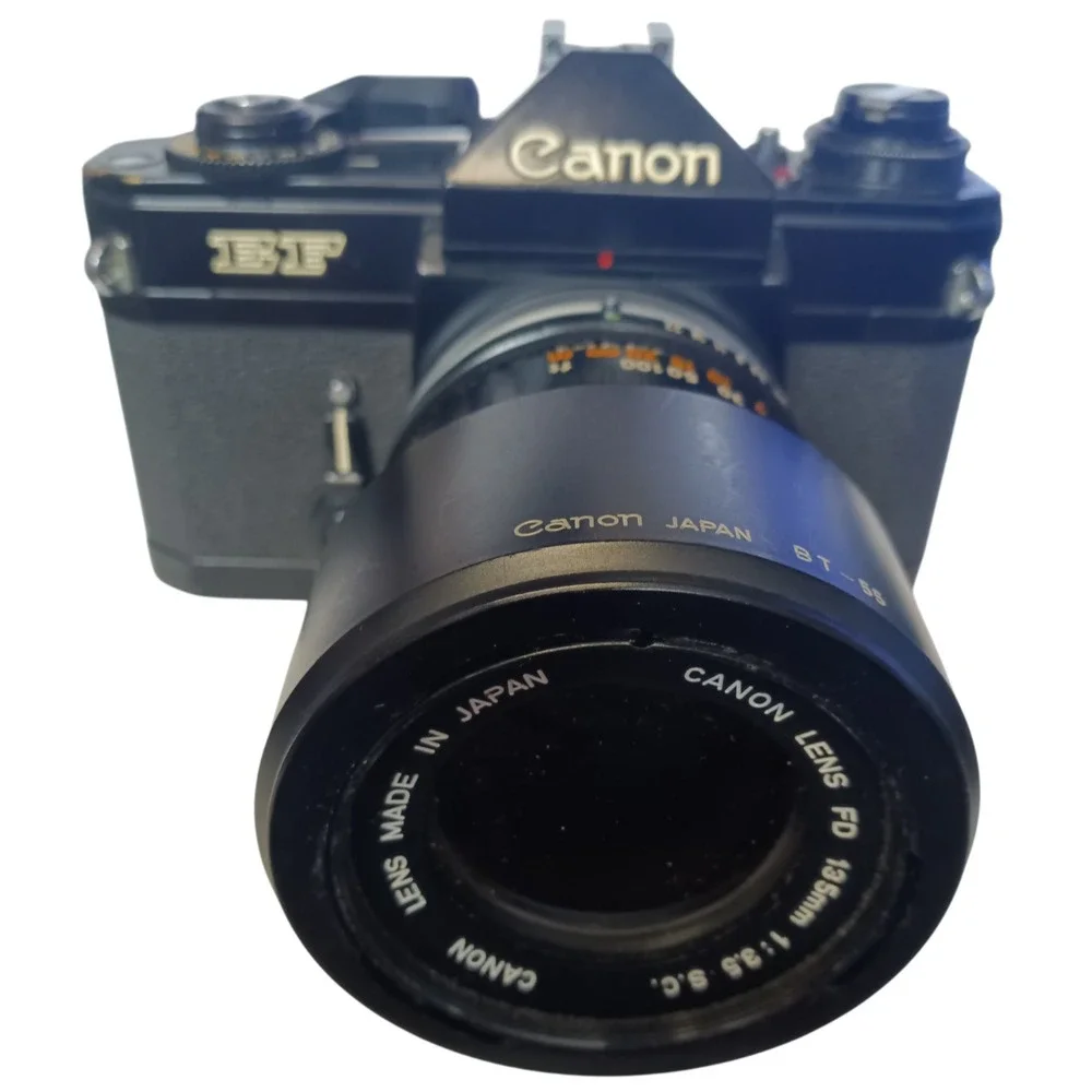 Vintage Canon EF SLR 35mm Film Camera with 135‎ mm Zoom Lens, Made in Japan